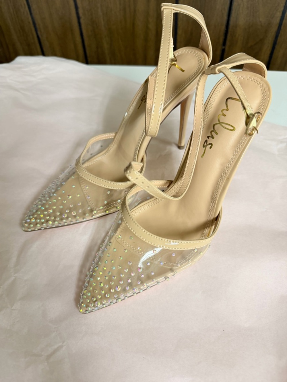 Lulu's Nude Crystal-Embellished Pointed-Toe Slingback Heels